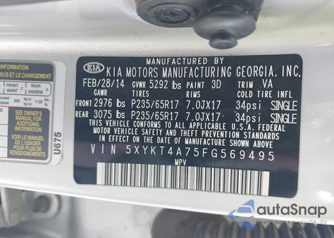 2015 Kia Sorento Lx V6 z USA, uszkodzony, nr VIN 5XYKT4A75FG569495